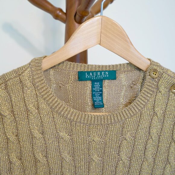 Ralph Lauren Women’s Gold Crew Neck Cotton Blend Sweater PXS NWOT - Picture 2 of 3